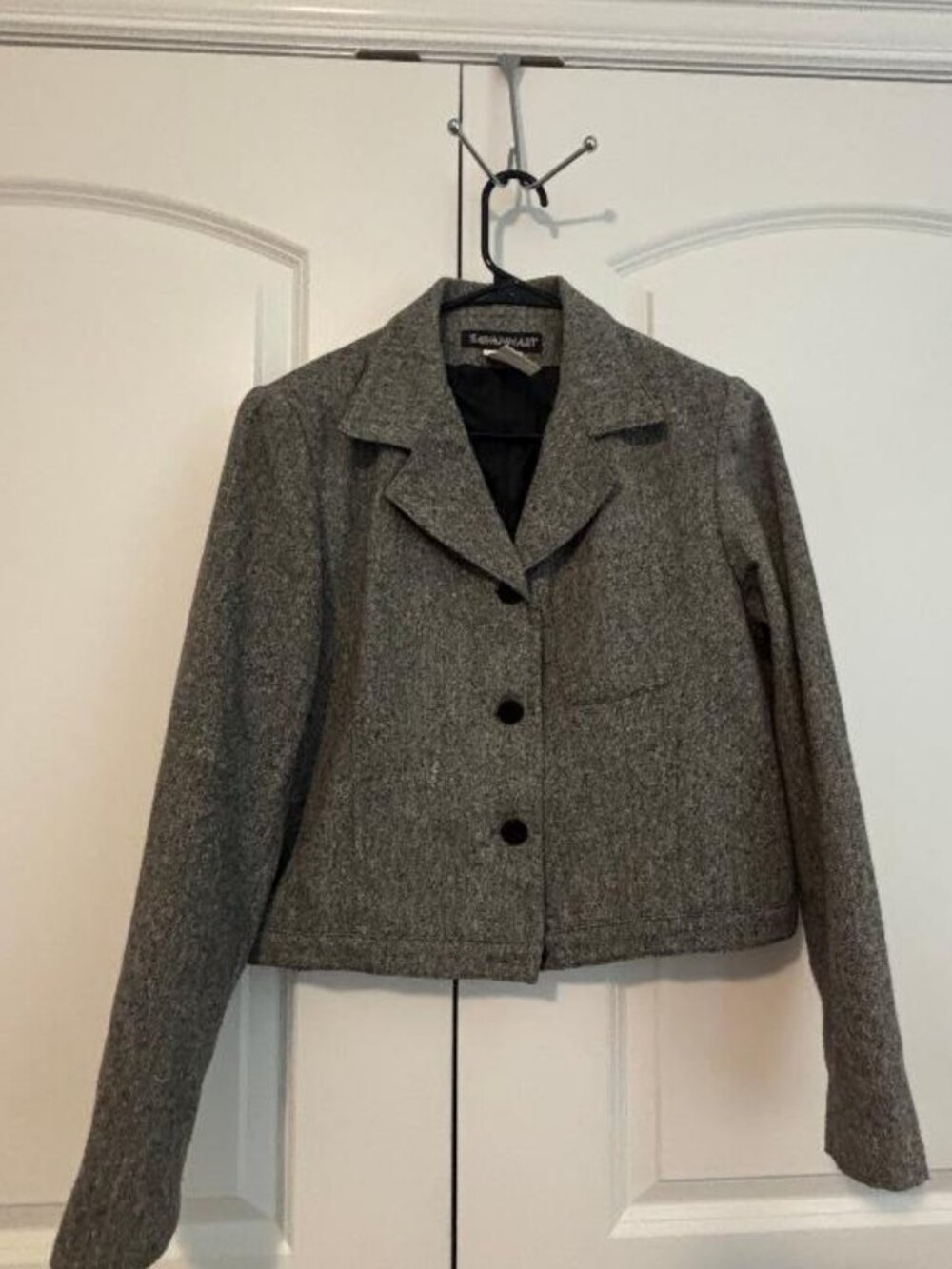 Savannah Blazer Jacket Gray Wool Button Front Single Pocket Breasted Cropped 8